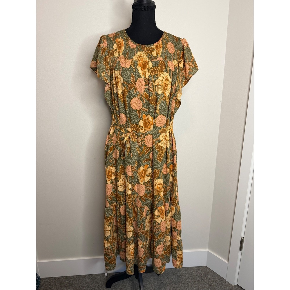 My Danielle Floral Maxi Dress Green Brown Boho Smocked Tiered Large